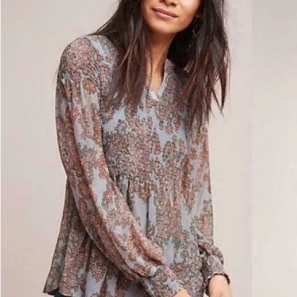 Anthropologie Akemi + Kin Adria Smocked Peplum Paisley Print Top